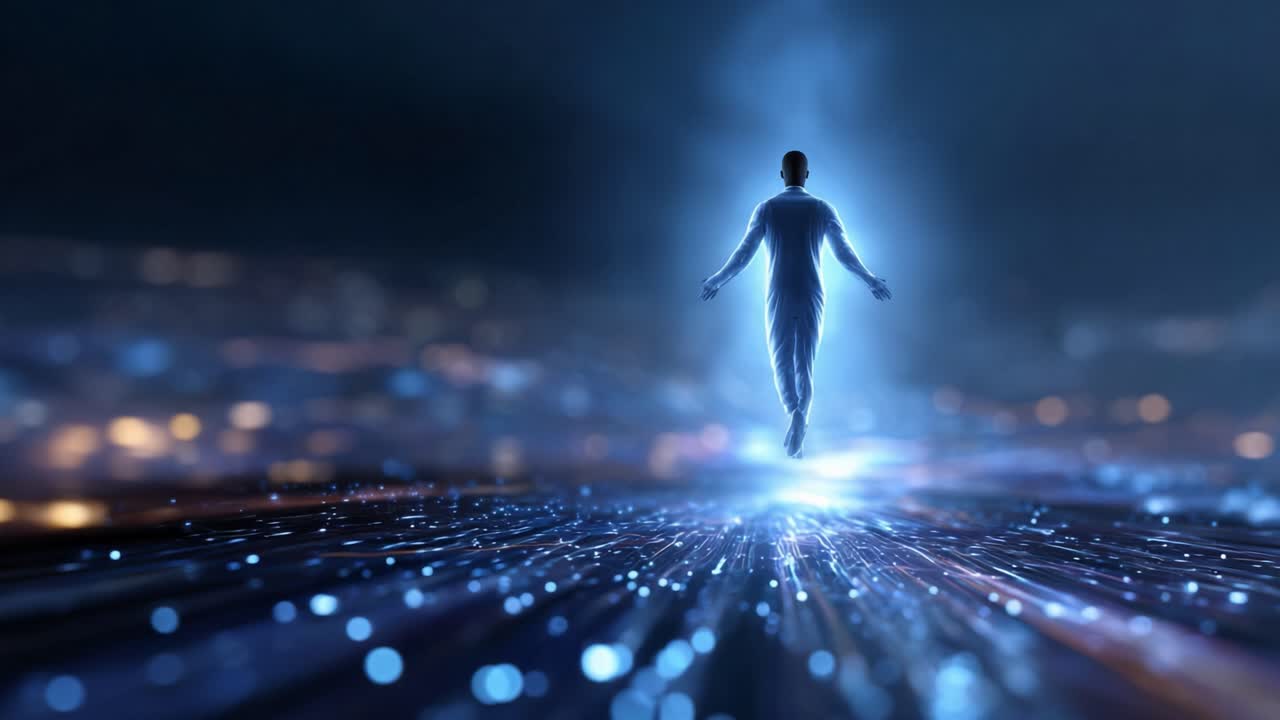 Ethereal Being Ascending in a Mystical Environment Surrounded by Radiant Light and Sparkling Particles, Representing Transformation and Spiritual Awakening