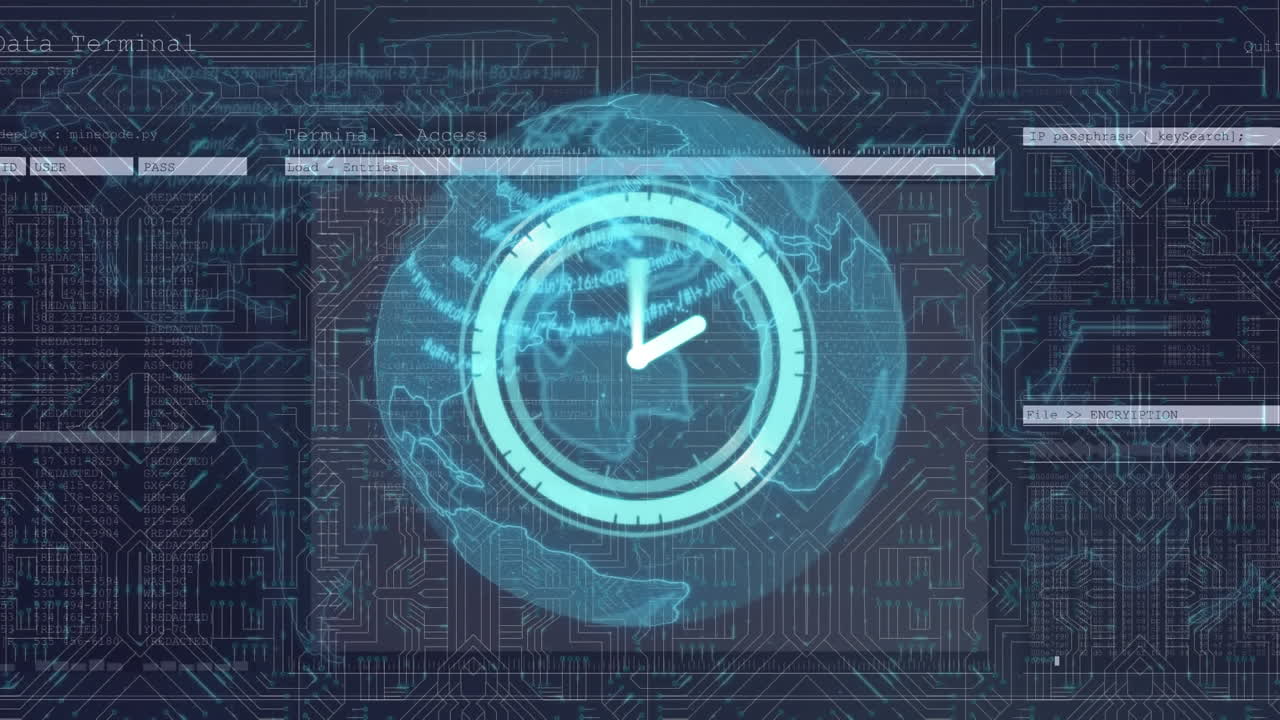 Animation of clock on globe over data processing