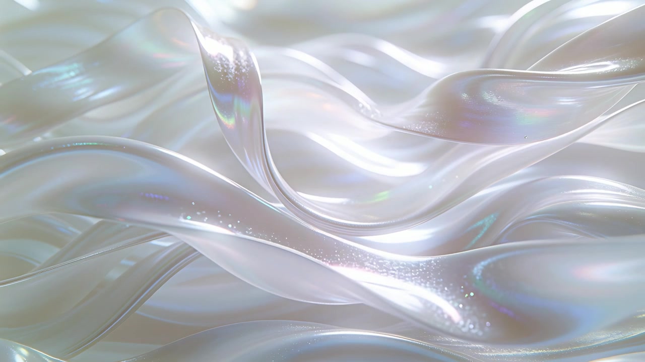 Flowing pearl ribbons reacting to light shift, lifting center loop in studio with rainbow glints