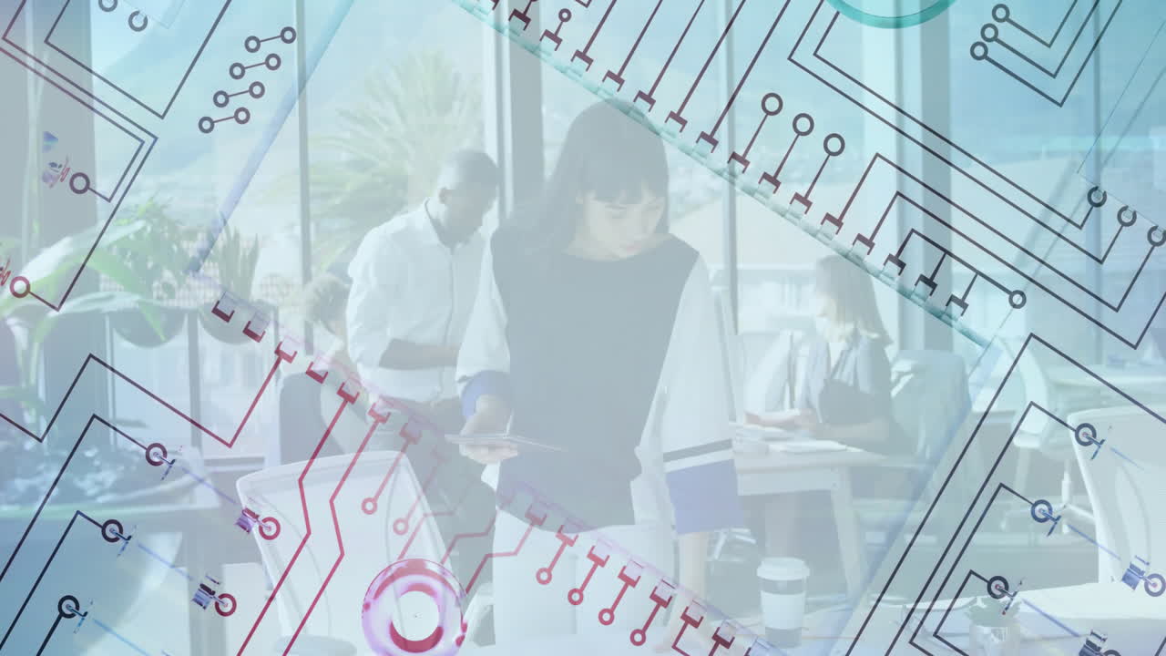 Circuit pattern animation over diverse professionals working in modern office