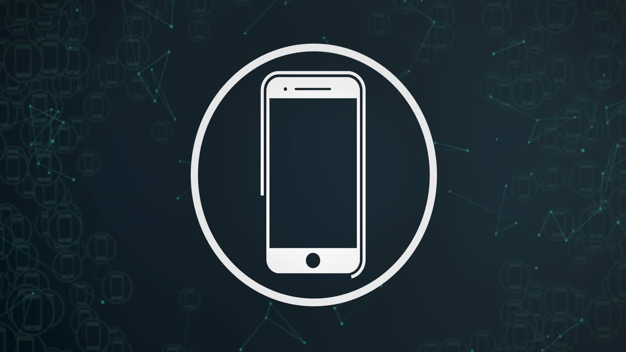 Animazione di icona digitale di smartphone e connessioni su sfondo nero
