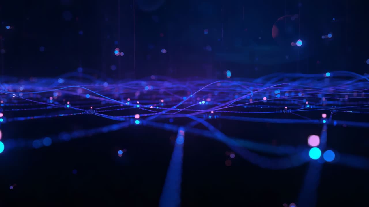 Rippling network grid pulsing nodes and moving camera through dark void, with drifting particles