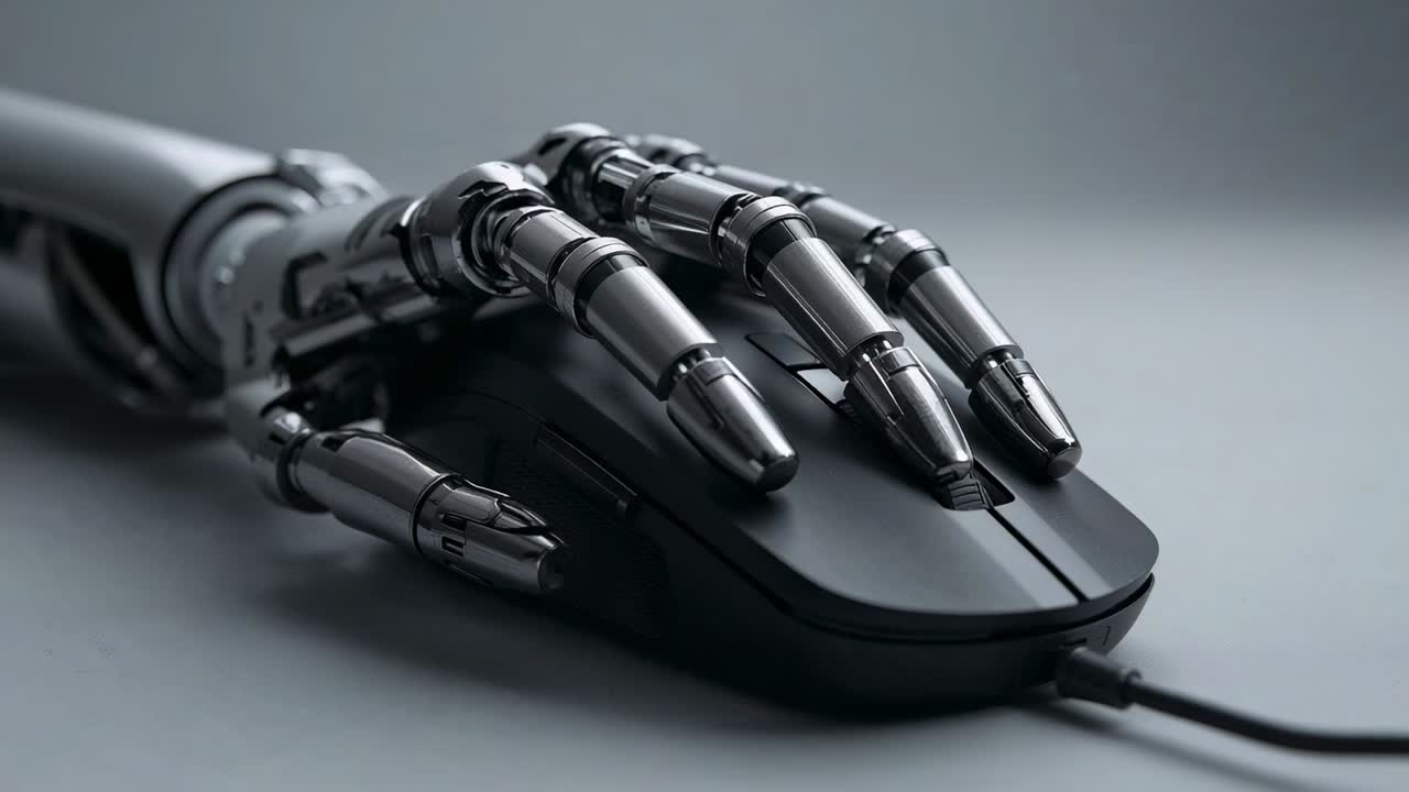 Extending from left, robotic hand lowering onto studio table pressing mouse wheel to test precision