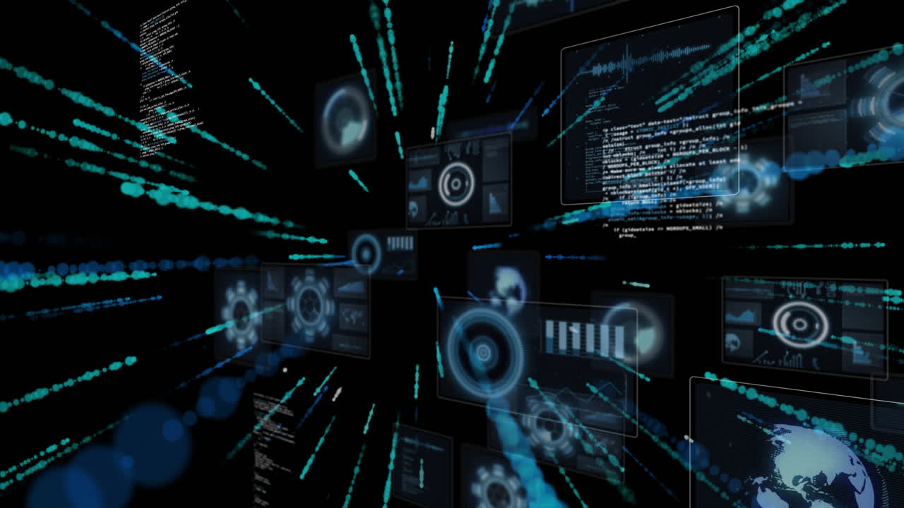 Animation of data processing and light trails on black background