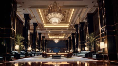 luxurious hotel lobby with chandeliers and elegant decor, captured from a low-angle