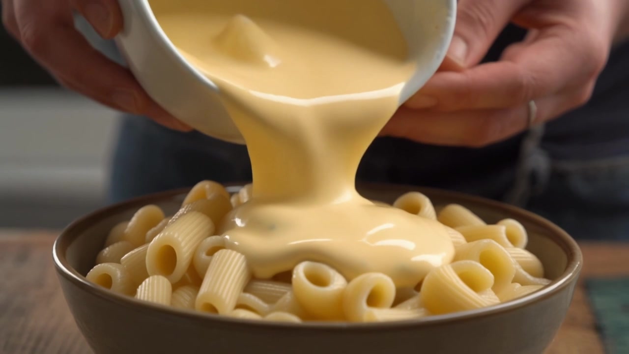 Pouring Creamy Cheese Sauce Over Cooked Rigatoni Pasta