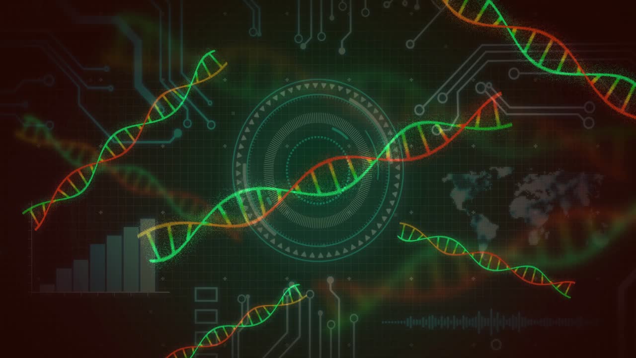 On digital canvas lighting up, DNA helices floating across pulsing HUD to illustrate data flow