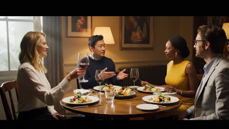 friends enjoying dinner and wine at a restaurant