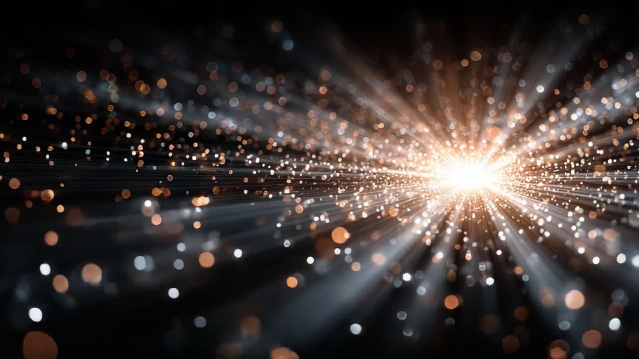 A mesmerizing display of shimmering lights and radiant beams, capturing the essence of three-dimensional depth and dynamic movement as sparkling particles burst forth into the darkness