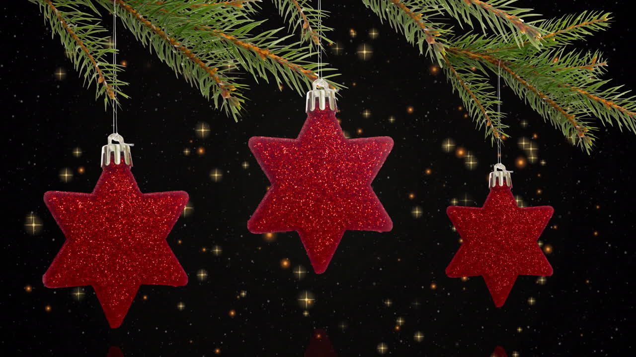 Animation of yellow stars over christmas decorations