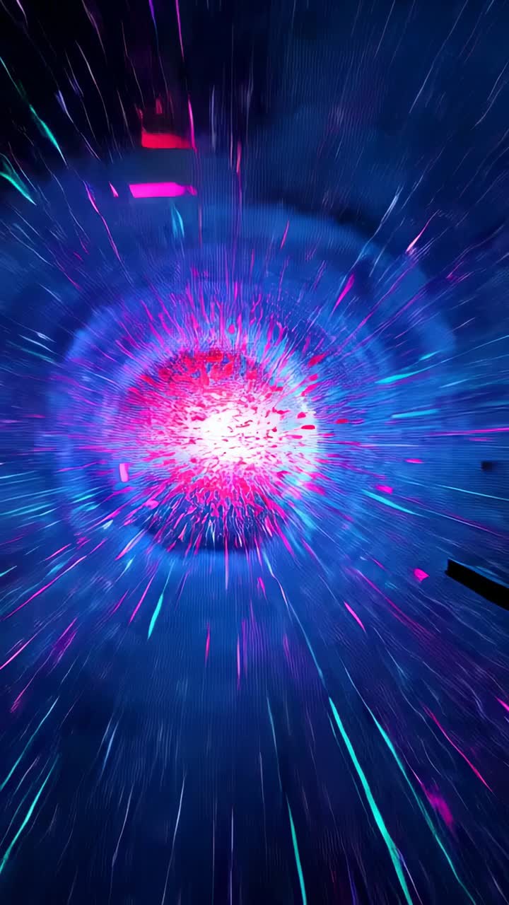 Vertical video: Intensifying core emitting cyan magenta streaks and concentric rings in nebula