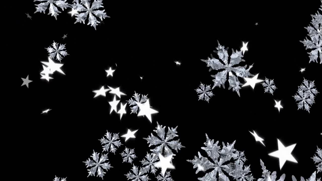 Stars and snowflakes falling on black background