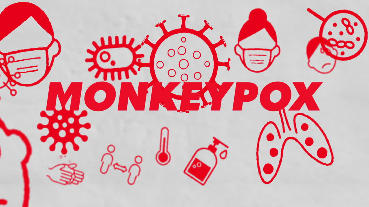 Animation of monkeypox text and pandemic icons over white background