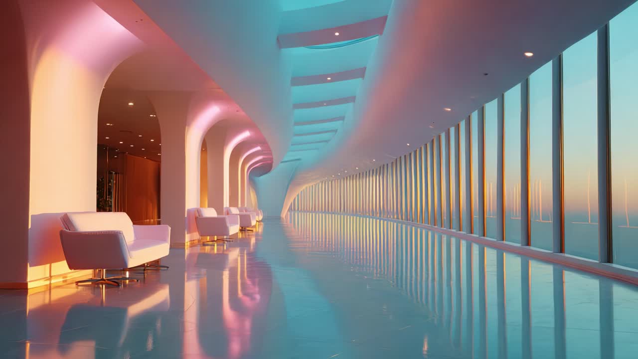 A Stunning Futuristic Interior with Soft Illuminations and Panoramic Windows Showcasing a Gradient of Colors and a Serene Atmosphere in a Modern Architectural Space