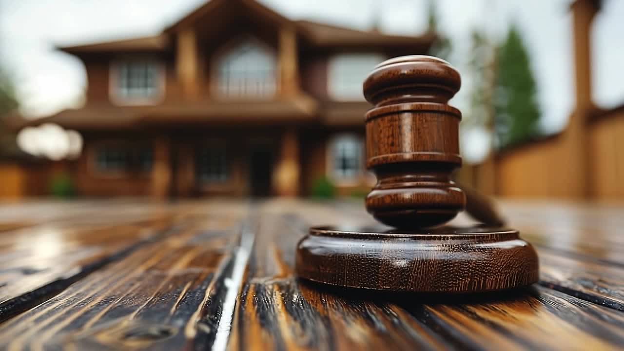 Wooden gavel outside home. A wooden gavel rests on a polished surface in front of a house, surrounded by trees and cloudy skies.