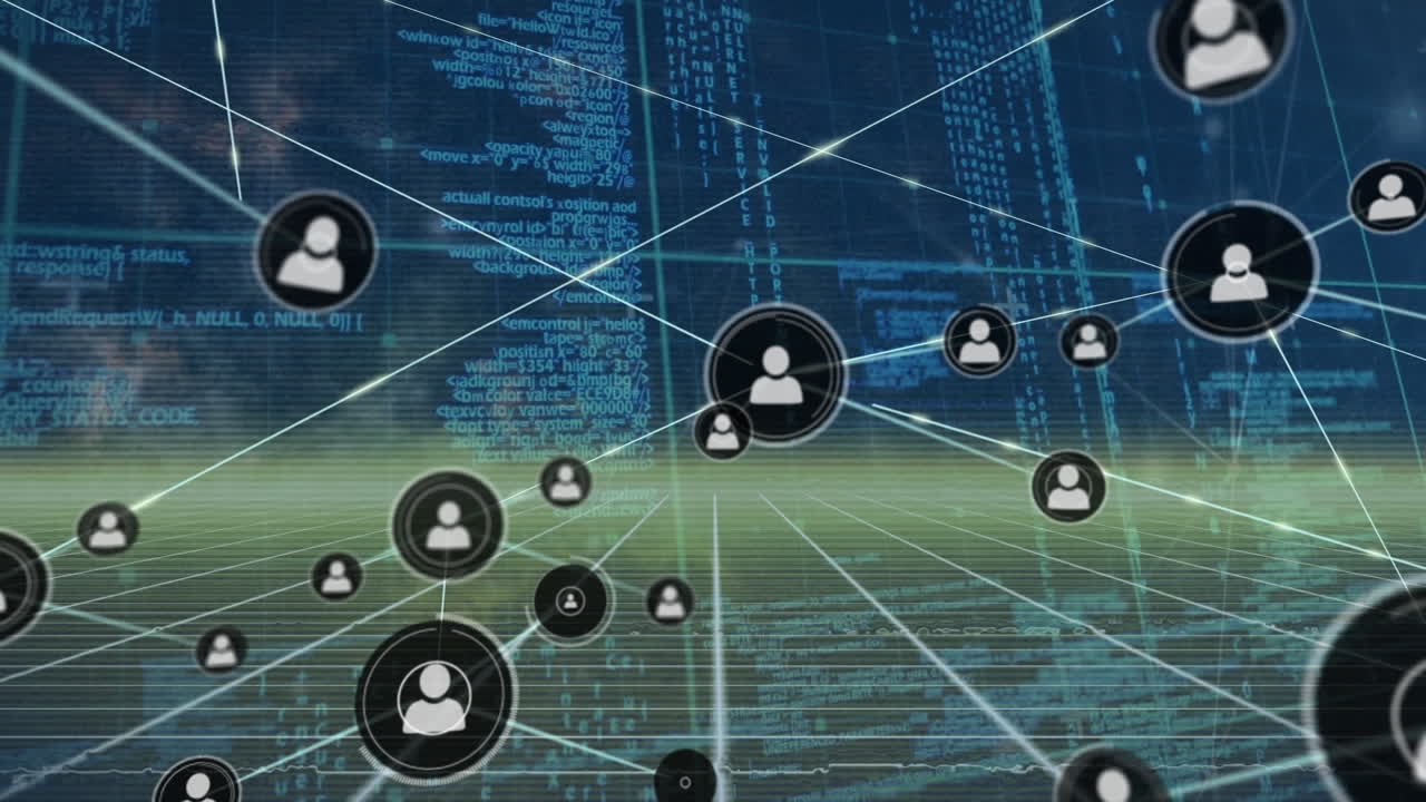 Animation of profile icons interconnecting with lines and computer language over abstract background