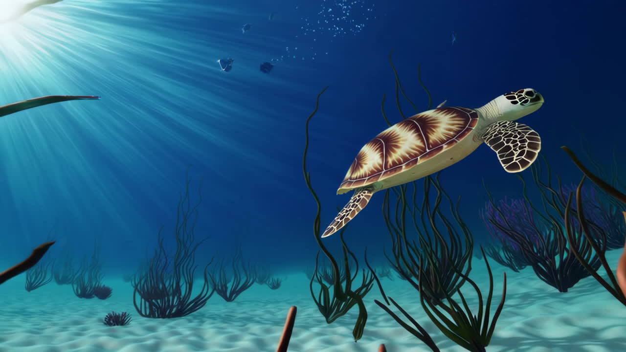 Sea Turtle Swimming in Clear Blue Ocean with Sunlight
