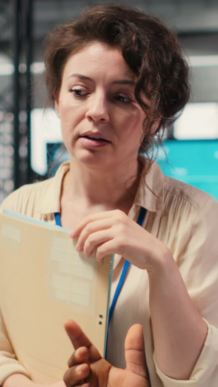 Vertical Video Colleagues engaging in discussion and consulting around performance metrics