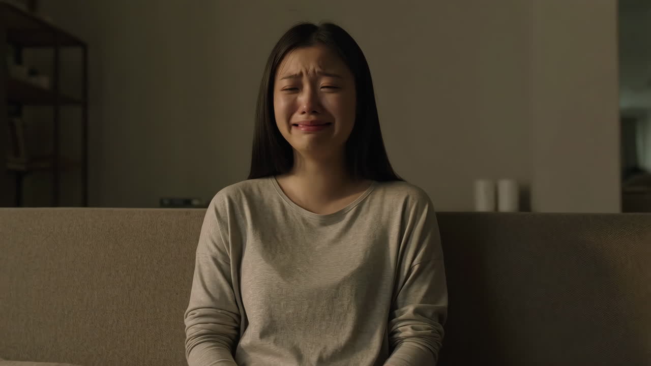 Young Asian woman crying sadly on a couch indoors