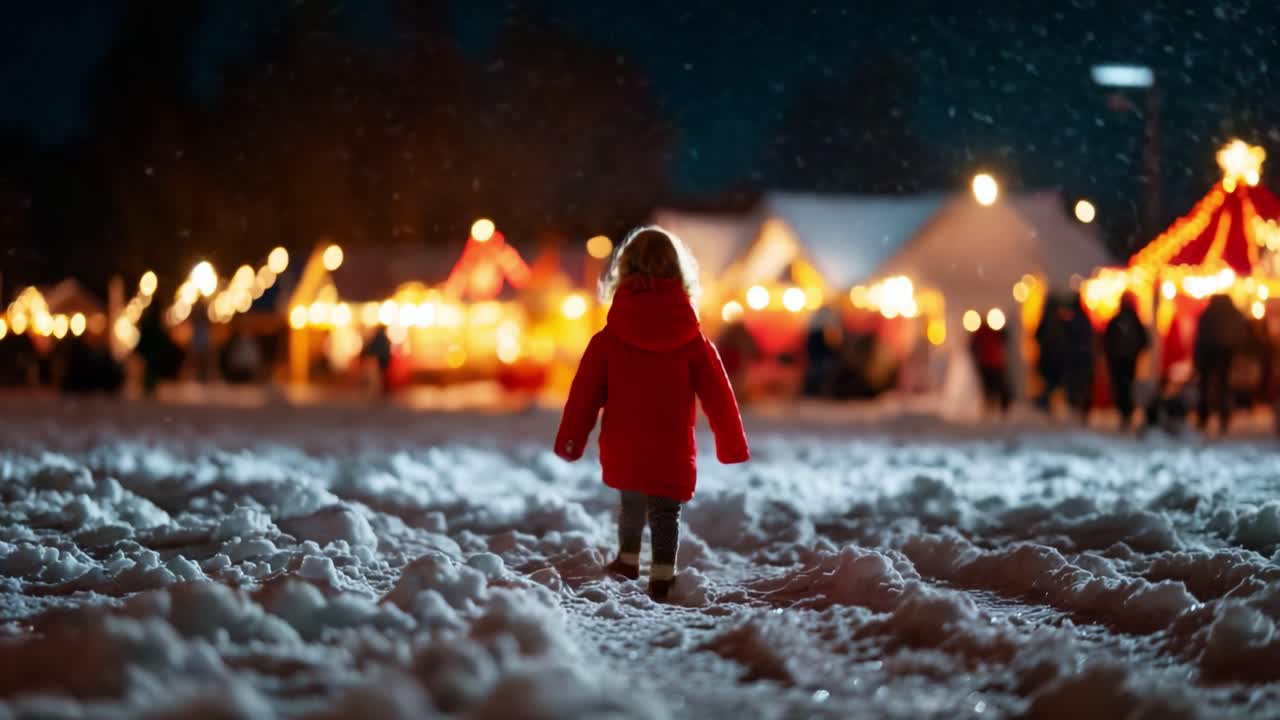 A young child in a bright red coat walks through a snowy landscape, illuminated by the warm glow of festive lights in the background, symbolizing joy and warmth during winter nights