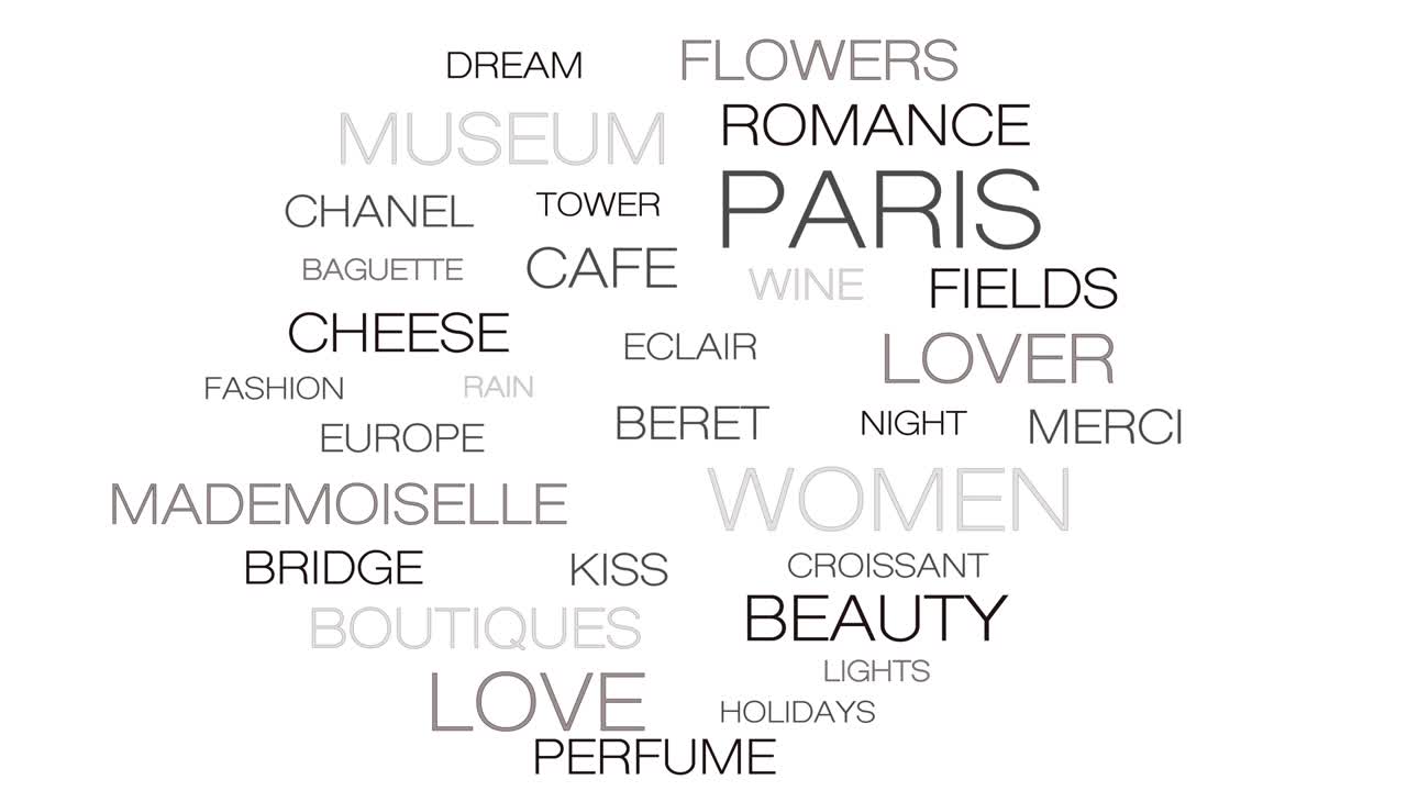 파리 볼거리 이동 애니메이션, 프랑스 회색 분위기 루프 및 원활한 여행 단어 구름 - 영어에서 주요 프랑스어 단어 - 프랑스의 수도의 만적이고 좋은 상징.