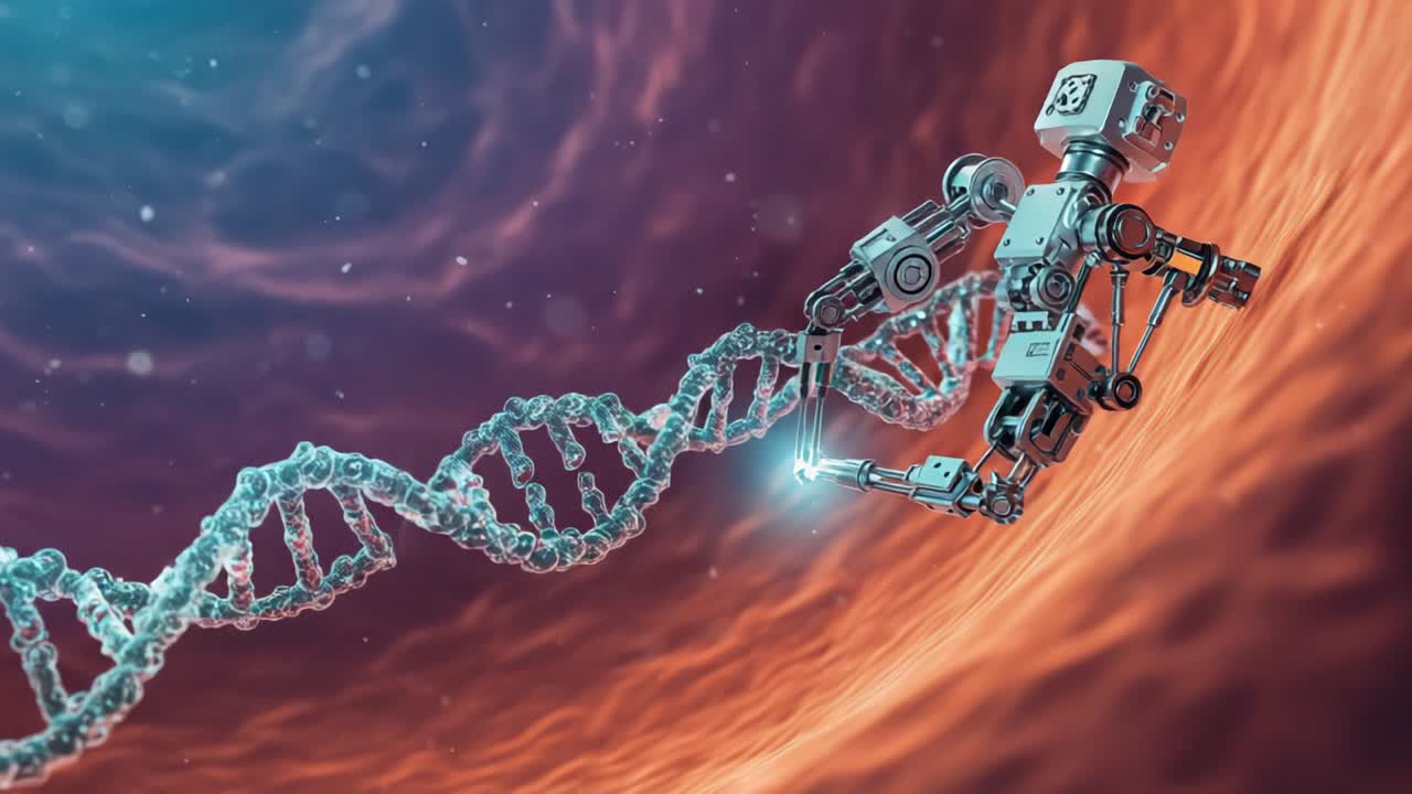 A Futuristic Robot Manipulating DNA: Exploring the Intersection of Technology and Genetics in a Vibrant and Hypothetical Sci-Fi Environment