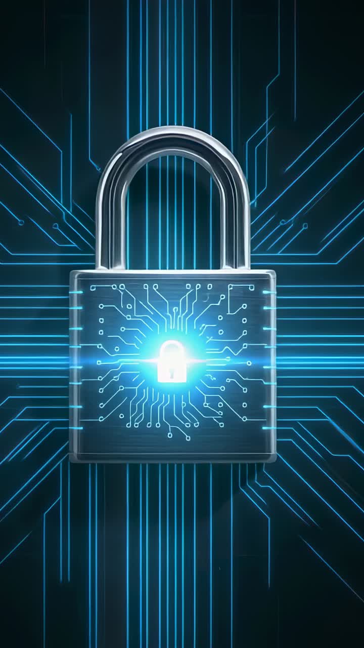 Vertical video: Sweeping neon-blue beam crossing padlock icon in dark backdrop forming circuitry