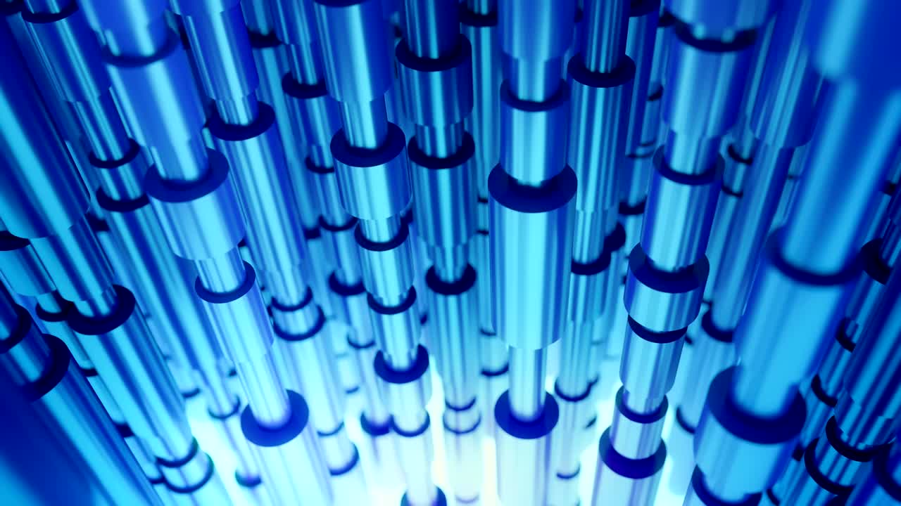 tuberías industriales azules moviéndose lentamente arriba y abajo con luz brillante. animación de bucle 3d.