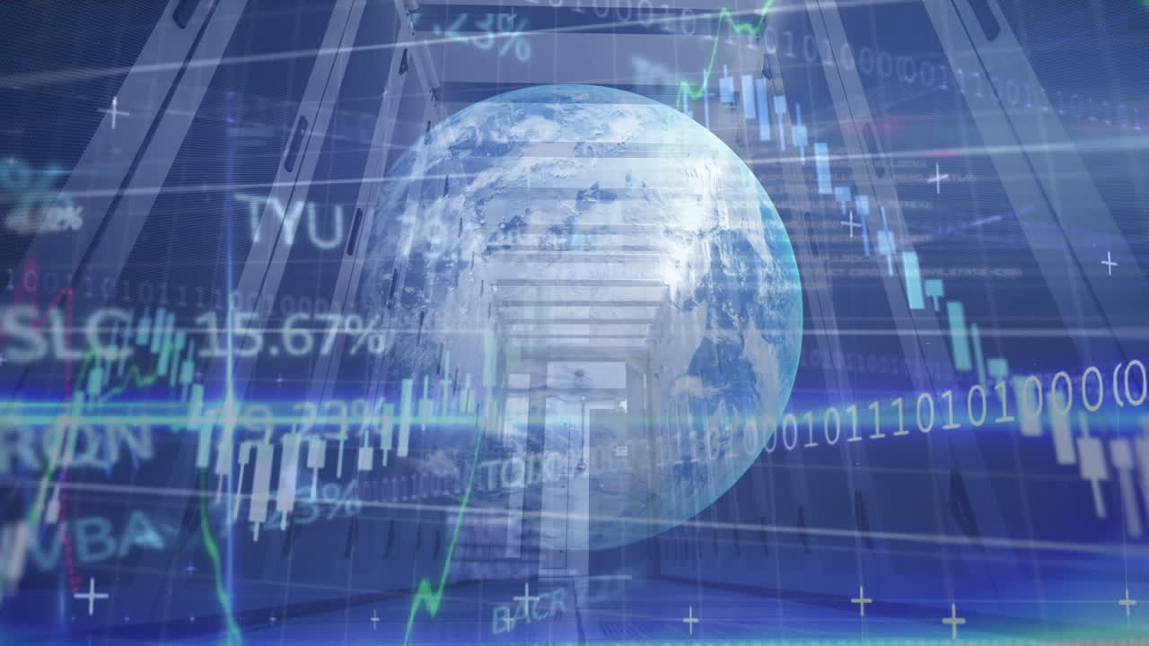 Animation av databehandling med en snurrande jordglob över ett tomt kontor.
