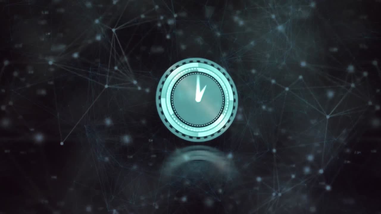 Animation of clock moving fast over network of connections and glowing spots on black background