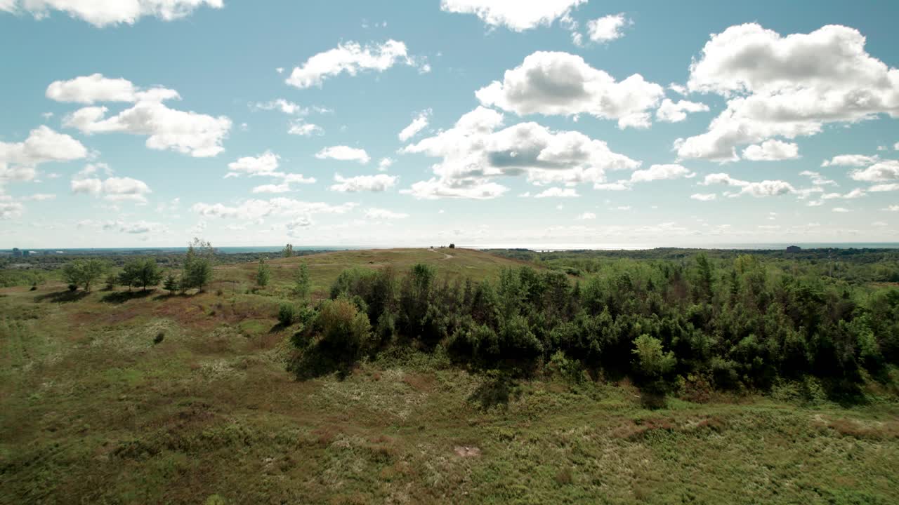 vista aérea de una colina cubierta de hierba con árboles de vegetación áspera y cielos azules nublados