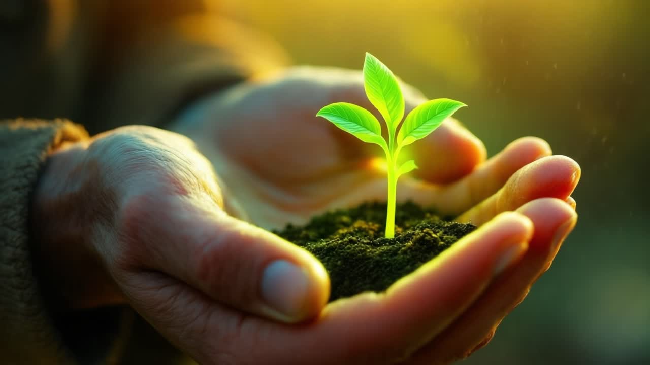 Nurturing green seedling in fertile ground during golden sunset, representing growth, sustainability, and ecological renewal