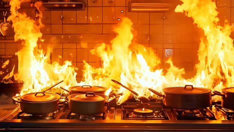 a kitchen with a stove with pots and pans on it on fire