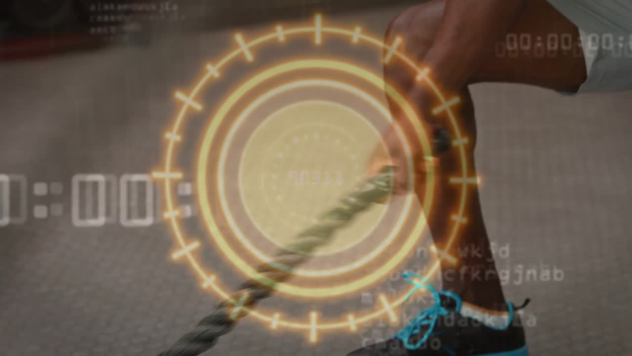 Man at timer start moving crouch-to-stand performing rope pulls while HUD timer tracks fitness reps