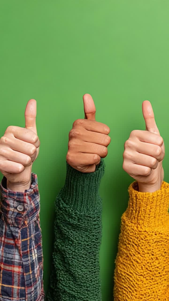 Un despliegue vibrante de energía positiva: pulgares arriba de diversas manos sobre un fondo verde brillante, celebrando la unidad y el optimismo en la unión