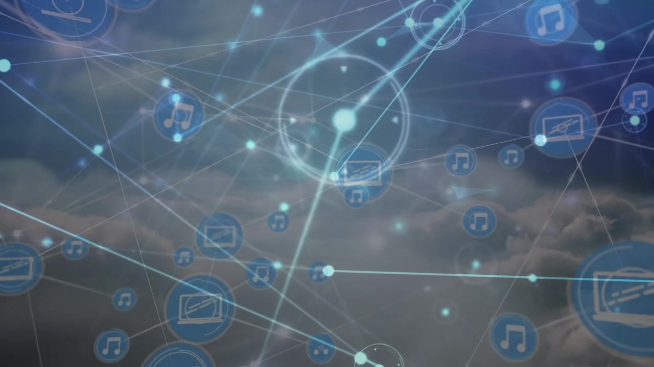 Animation of network of connections and data processing over cloudy sky