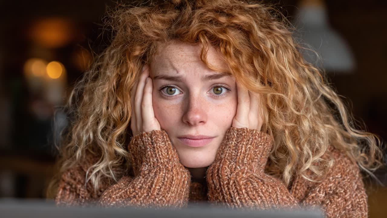 A Young Woman Deep in Thought, Displaying a Range of Emotions as She Gathers Her Thoughts in a Cozy Environment, Framed by Warm Tones and Thoughtful Expressions