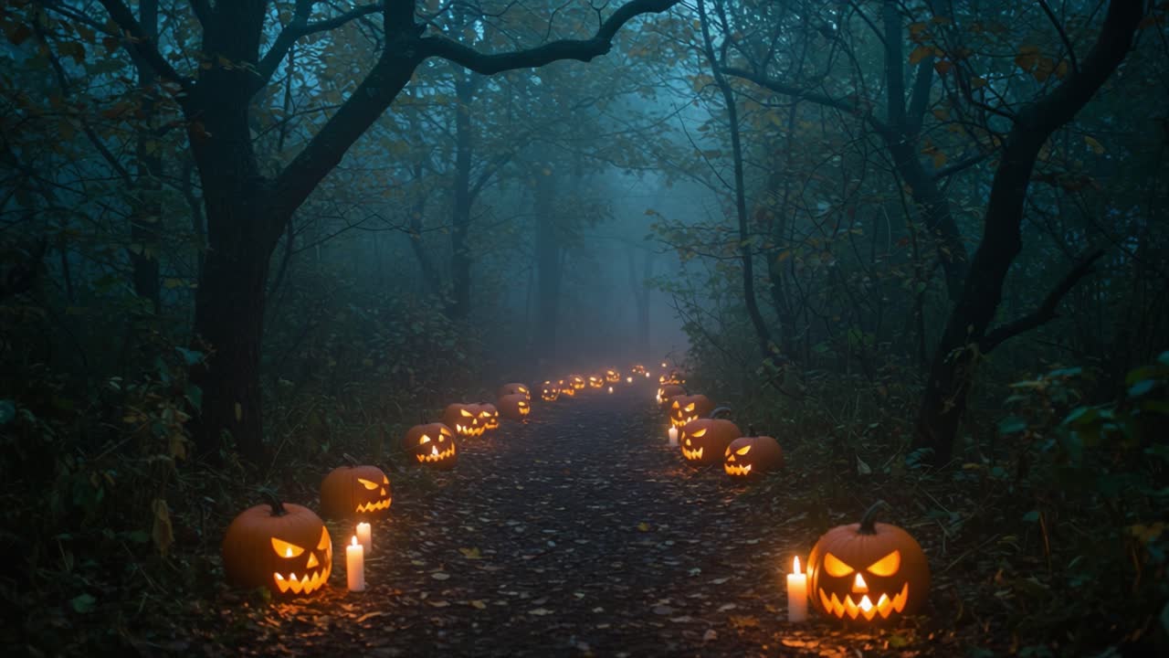 A Spooky Forest Path Illuminated by Jack-o'-Lanterns and Candles, Creating an Eerie Atmosphere for a Halloween Celebration or Haunted Walk Experience