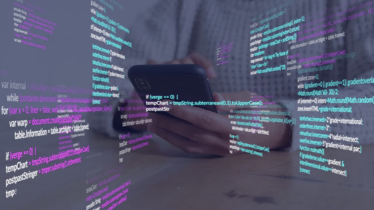 Using smartphone, person viewing colorful programming code with animation in school