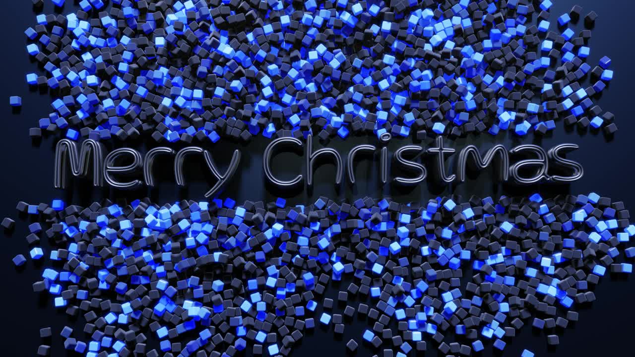 tarjeta de navidad en bucle con letras de feliz navidad y guirnalda, cubos esparcidos en la superficie se iluminan y forman un hermoso patrón. composición de año nuevo con luz de neón. luces de navidad