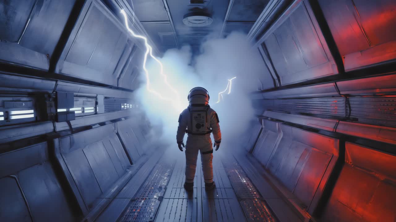 Astronaut in Futuristic Spaceship Corridor with Lightning