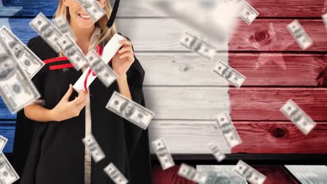 Animation-of-graduate-smiling-and-banknotes-over-american-flag