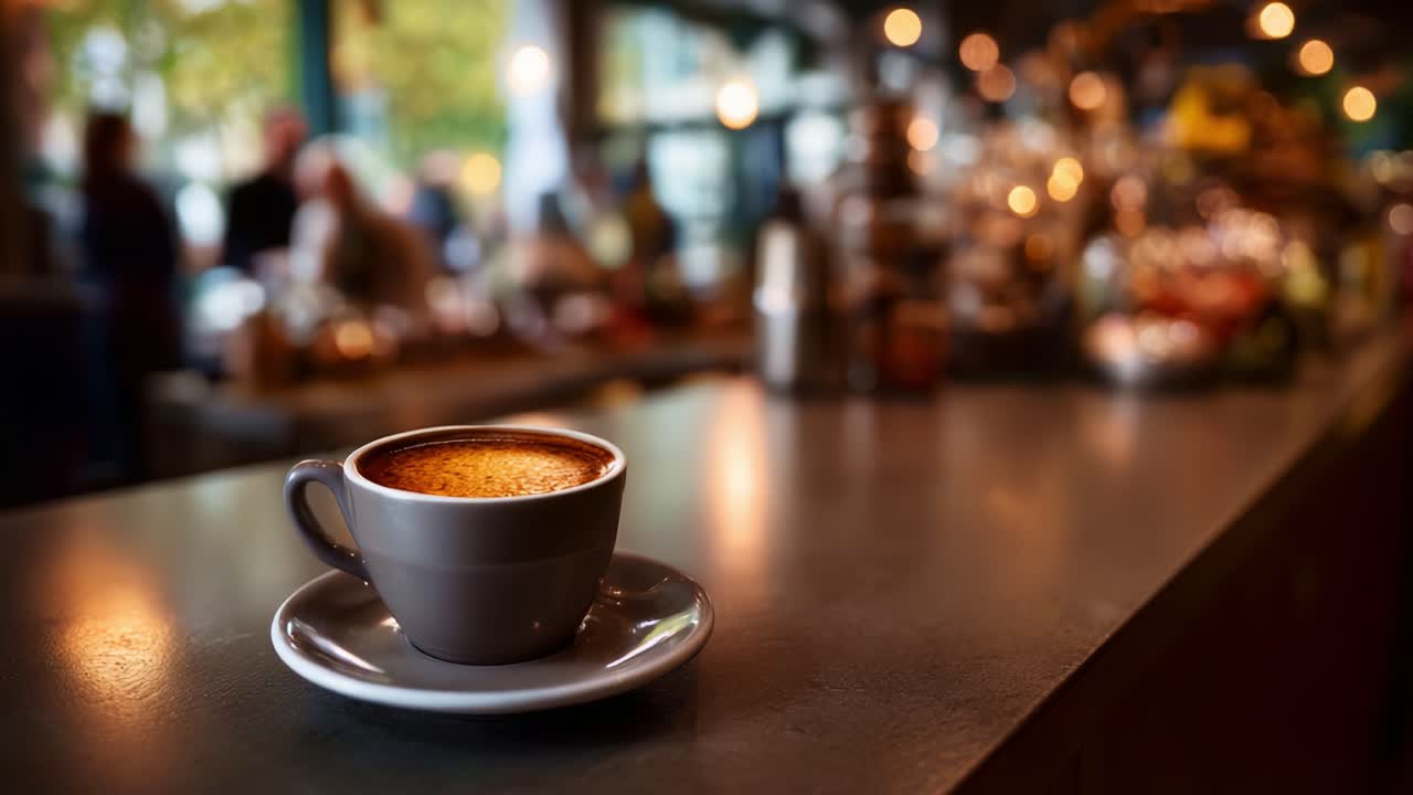 Eine warme Tasse Kaffee vor dem gemütlichen Hintergrund eines Cafés mit verschwommenen Figuren und sanfter Beleuchtung, die die einladende Atmosphäre verstärken