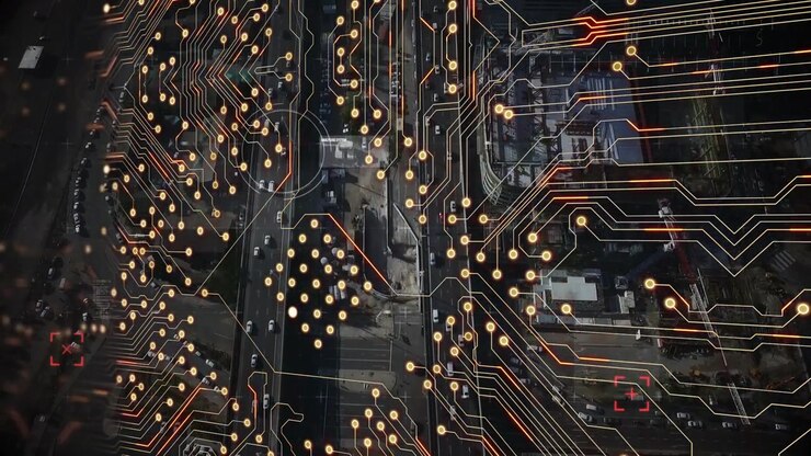 Animation of network of connections and data processing over hacker