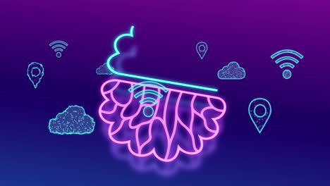 animación del procesamiento de datos de la ia a través de nubes e íconos wifi.