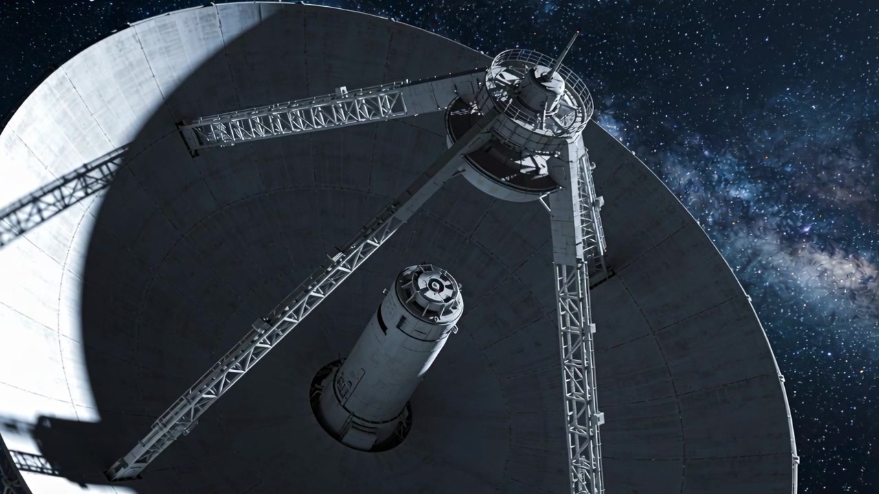 Panning camera revealing dish in space with truss while module docking toward hub, stars background