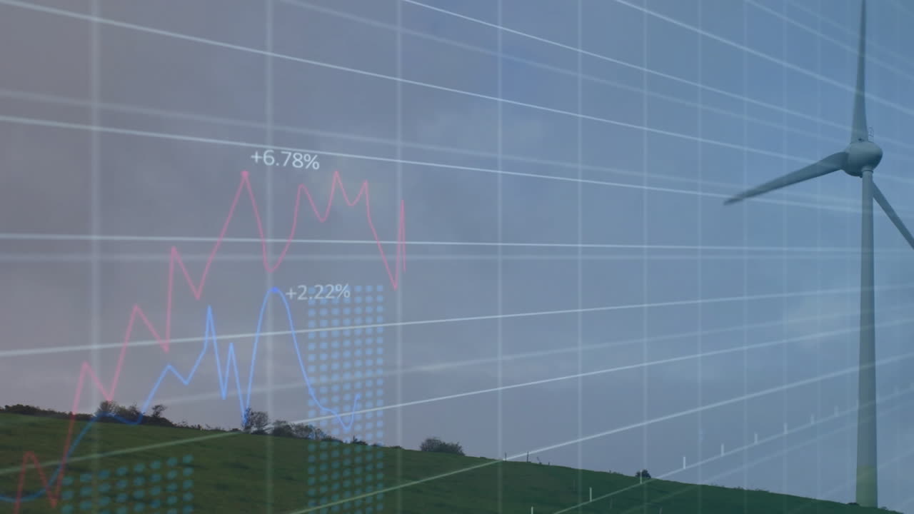 Wind turbine being rendered in flat design on green hillside, showing grid overlay and chart data