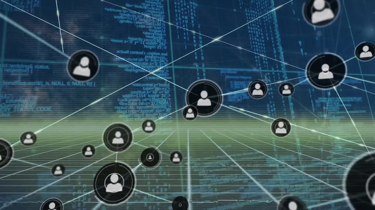 Animation of profile icons interconnecting with lines and computer language over abstract background