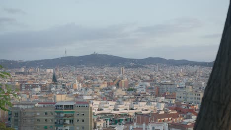 Vista-De-Alta-Resolución-Cerca-De-árboles,-Horizonte-De-La-Ciudad-De-Barcelona-España-Con-Amanecer-Dorado-En-6k-Mientras-Los-Pájaros-Vuelan