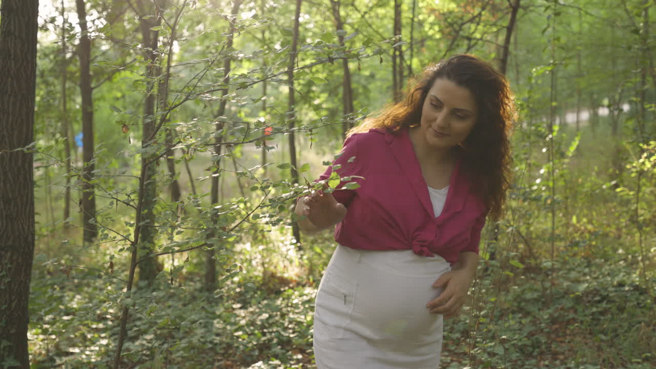 Closeup pregnant mom walking thru forest brushing tree branch and holding belly